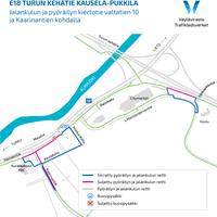 Kartta: Jalankulun ja pyöräilyn kiertotiet Turun kehätien sekä Kaarinantien ja Littoistenjärventien kohdalla.