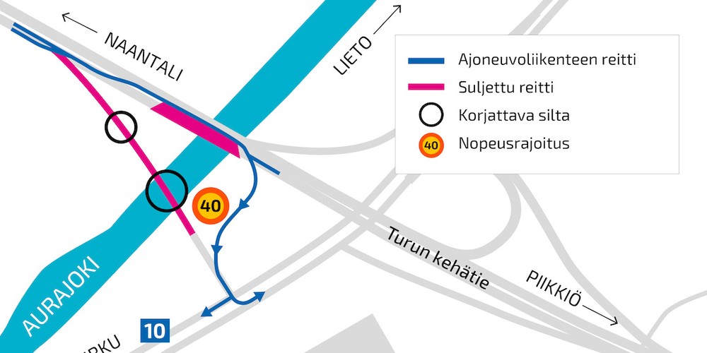 Kartta Kauselan eritasoliittymän rampin liikenteen kiertotiestä